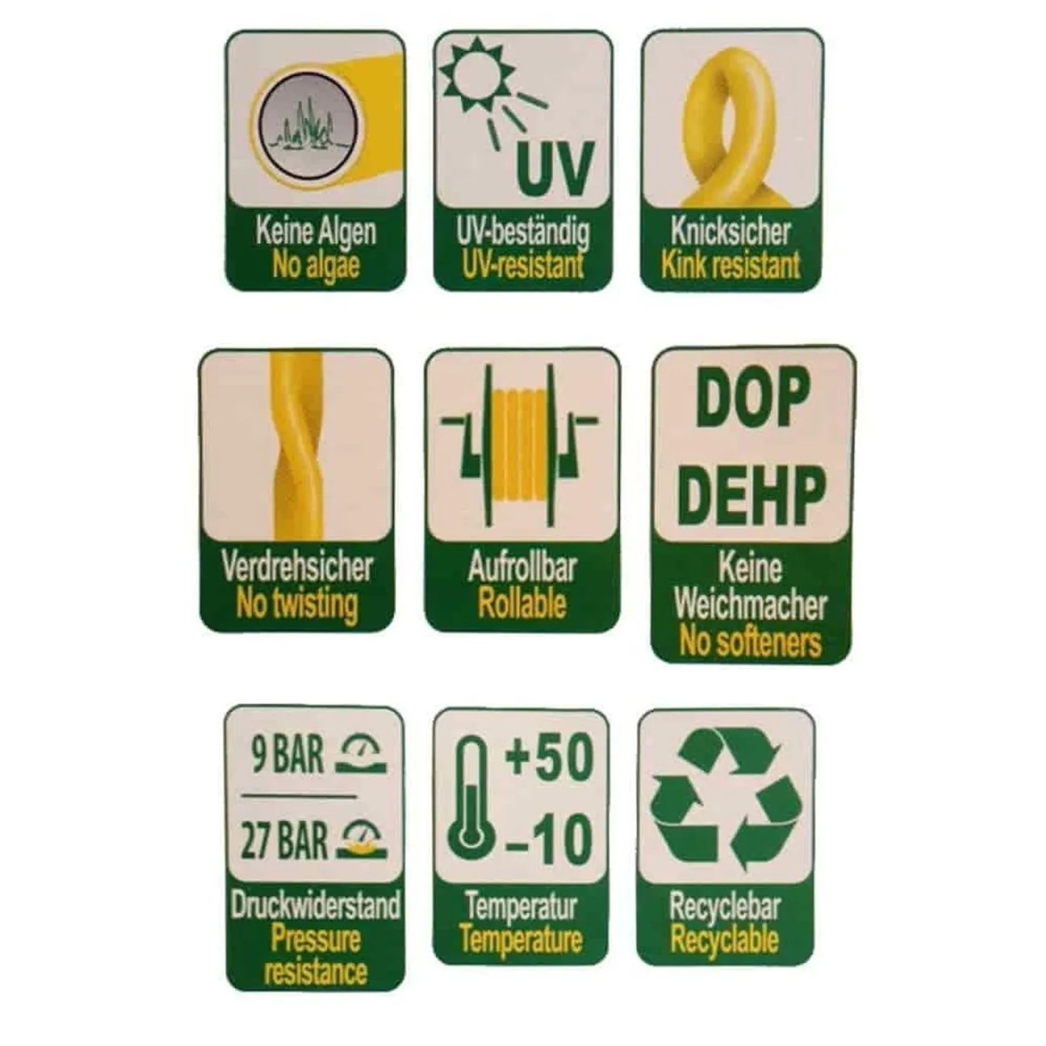 Symbole für Eigenschaften des gelben Gartenschlauchs: UV-beständig, knicksicher, aufrollbar, kein Weichmacher, recyclebar.