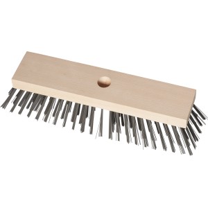 Stahldrahtbesen mit Holzkorpus, ideal zur Reinigung von Pflastersteinen und Gehwegen im Außenbereich.