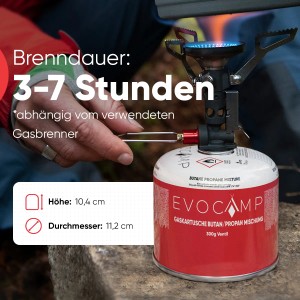 Evocamp Gaskartusche mit Campingkocher. 300g Butan/Propan Gemisch für Campingkocher und Gasgrills.