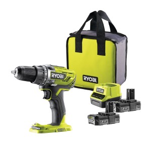 Ryobi Akku-Bohrschrauber R18DD3-220S One+ Set mit 2 Akkus, Ladegerät und Tasche.