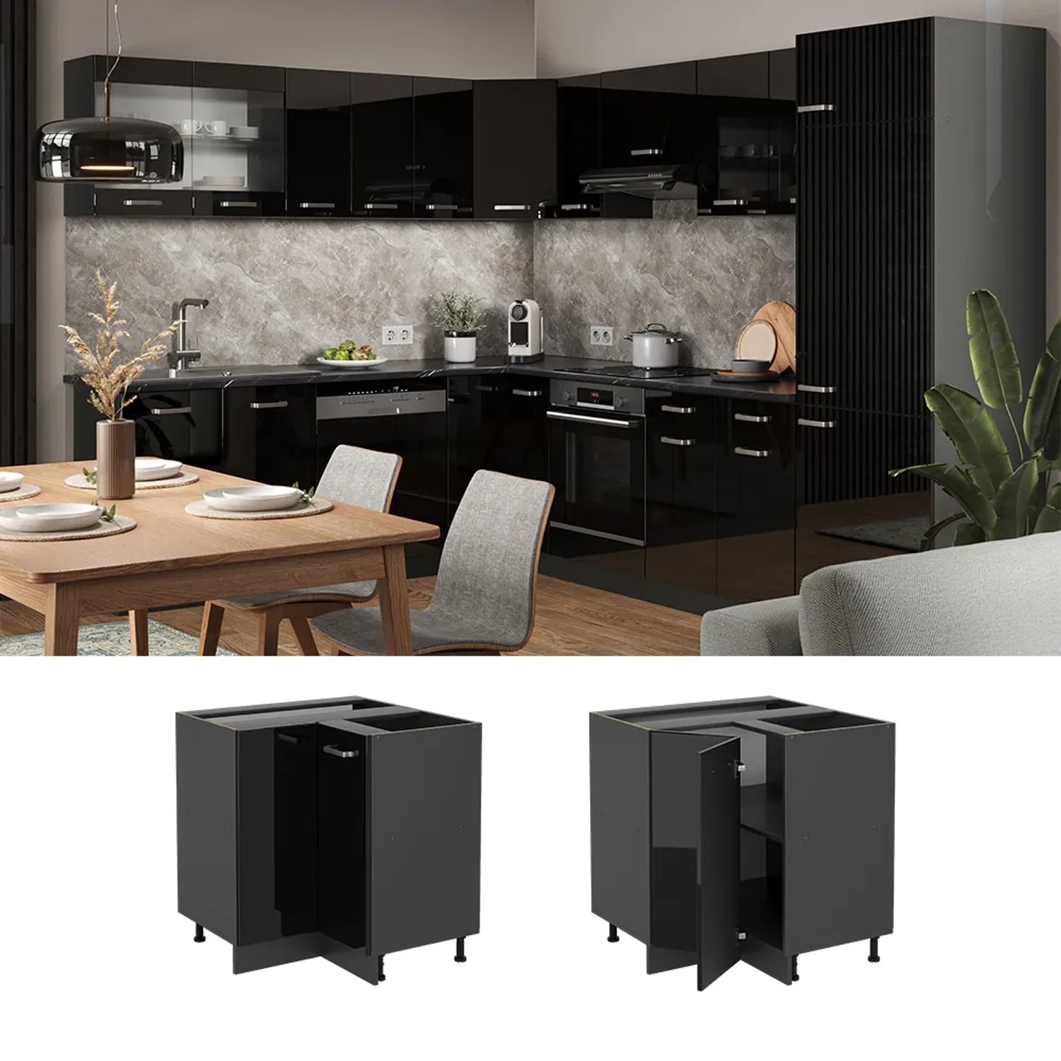 Vicco Eckunterschrank R-Line, schwarz hochglanz/anthrazit, 76 cm, mit Arbeitsplatte.