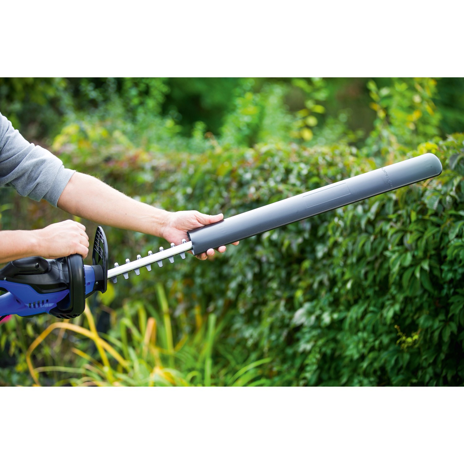 LUX Elektro-Heckenschere E-HS-600/55 A mit Messerschutz vor grüner Hecke.