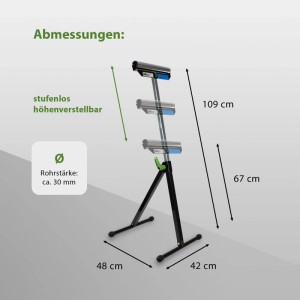 TRUTZHOLM Rollenbock, höhenverstellbar bis 109 cm, 90 kg belastbar, klappbar, mit Maßangaben.
