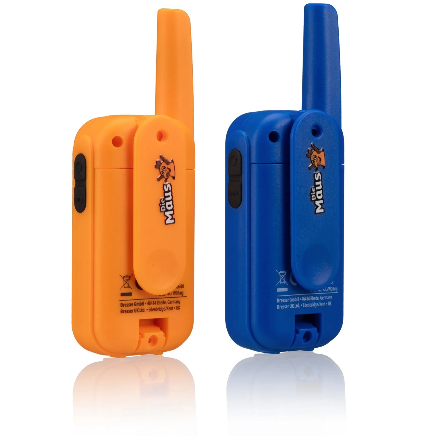 DieMaus Walkie-Talkies (2er Set) in Blau und Orange. Funkgeräte für Kinder mit Maus und Elefant Design.