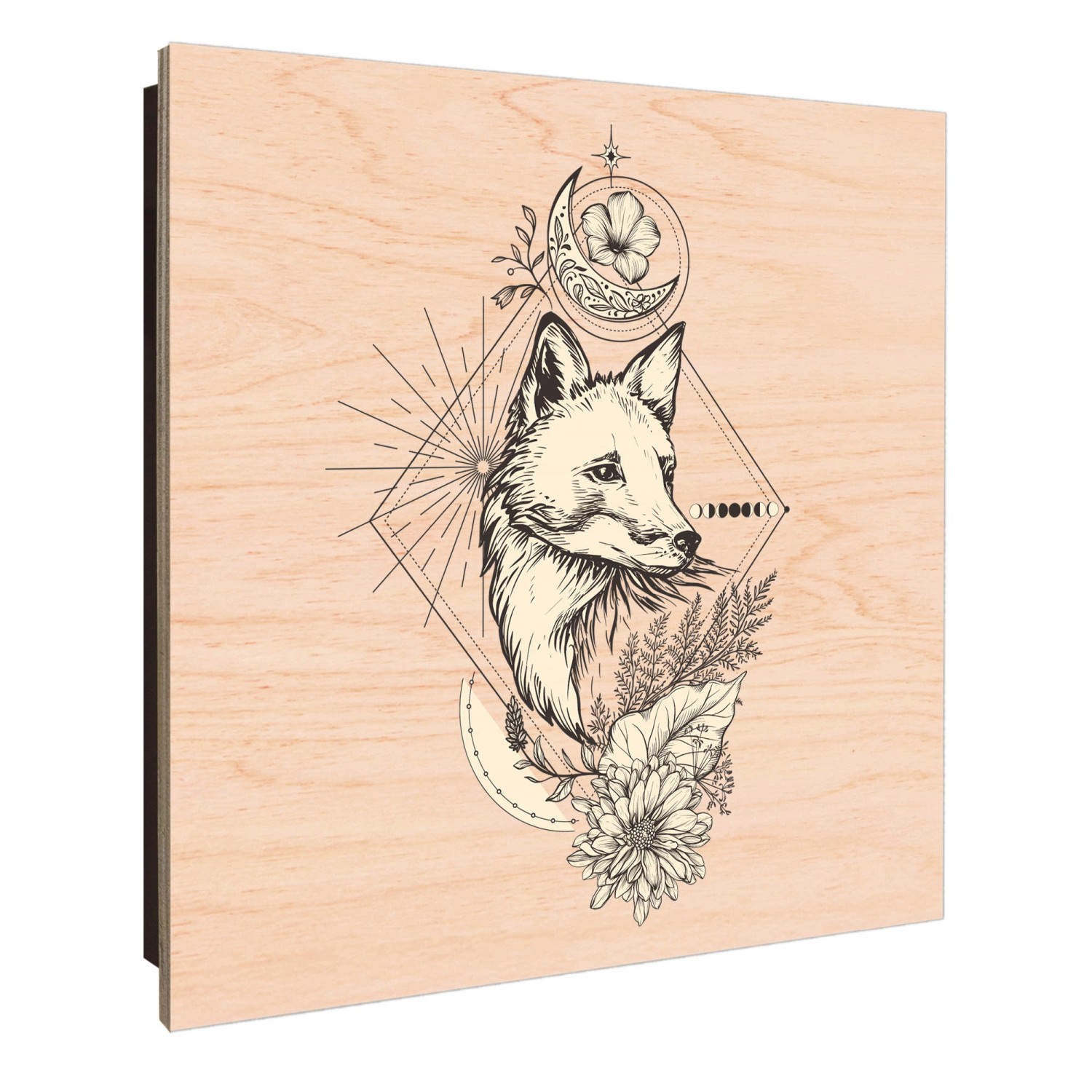 Banjado Schlüsselkasten Holz 30x30cm, Motiv Mystischer Fuchs. Schlüsselbox mit 50 Haken.