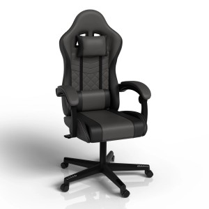 Grau-schwarzer Juskys Gamingstuhl HyperSeat mit Nacken- und Rückenkissen.