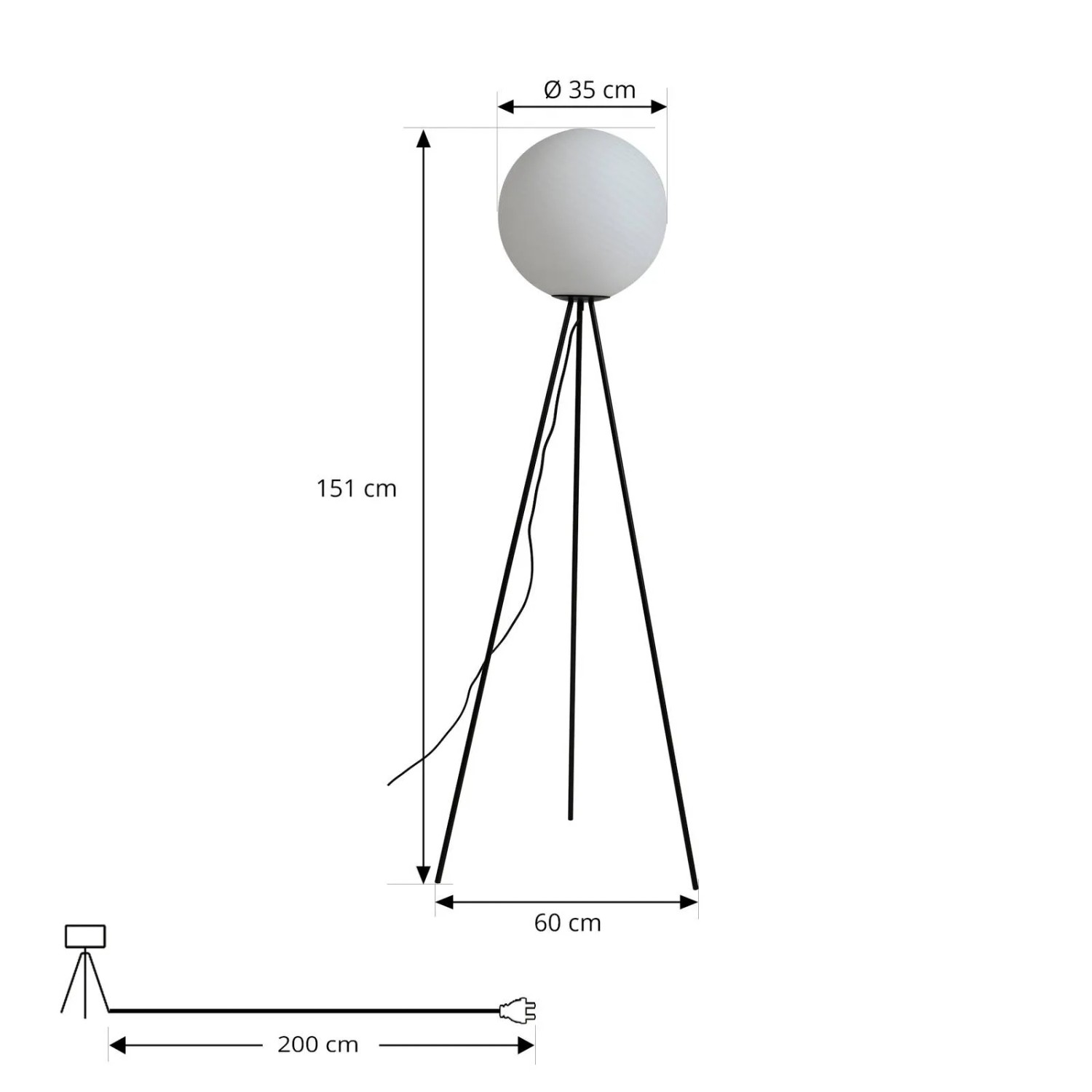 Weiße Lucande Stehlampe Kestralia mit Glas-Kugelschirm und schwarzem Dreibein-Gestell.