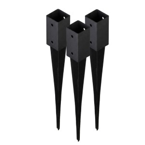 Drei schwarze HOLLMAX Einschlaghülsen für 71 mm Vierkantpfosten. Pulverbeschichtete Stahl-Pfostenträger, robust und wetterfest.