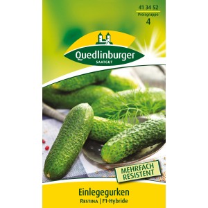 Samenpackung Quedlinburger Einlegegurke Restina, dunkelgrüne, glatte Früchte.