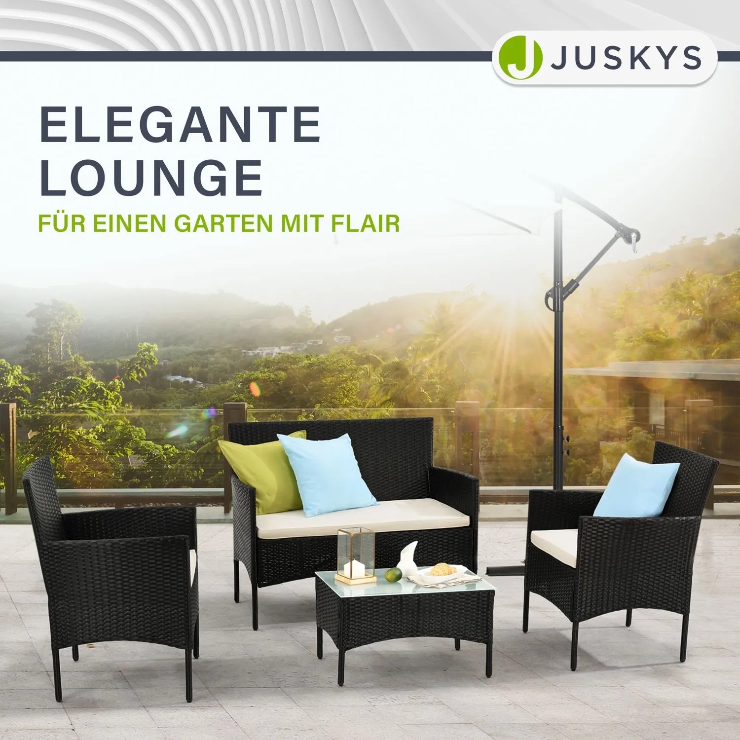 Juskys Polyrattan Gartenmöbel Sitzgruppe Fort Myers, schwarz mit cremeweißen Bezügen.