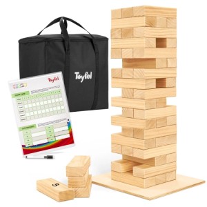 Toyfel Riski Wackelturm aus Kiefernholz mit 54 Blöcken, Tragetasche und Spielzubehör.