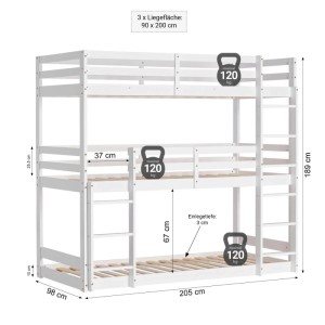 Weißes Homestyle4u Dreifach-Etagenbett aus Kiefernholz, 90x200 cm, 3 Liegeflächen, Leitern, Maßangaben, max. 120 kg.