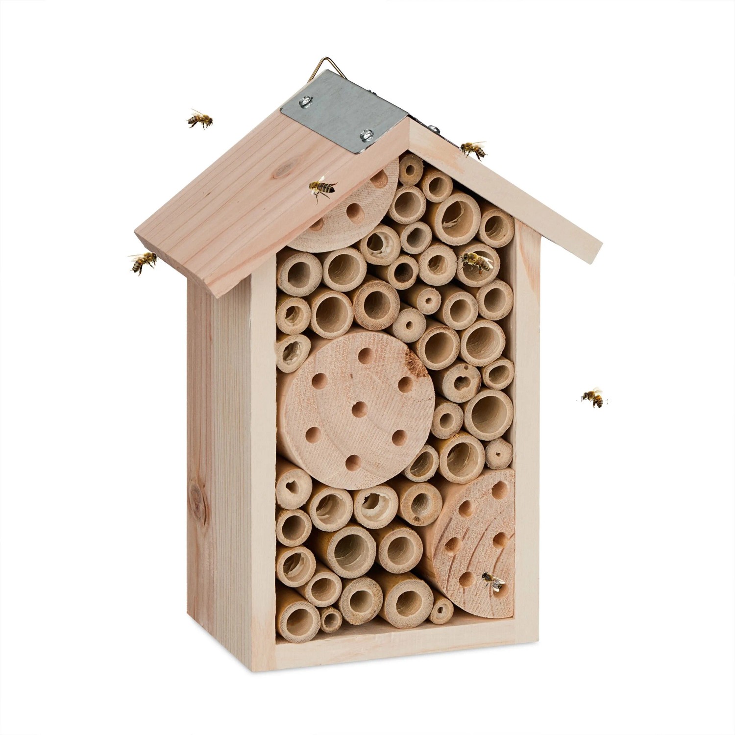 Relaxdays Bienenhotel Tannenholz Bambus Eisen Natur Mit Bambusröhrchen 21 x 15,5 x 9 cm 0,7 kg