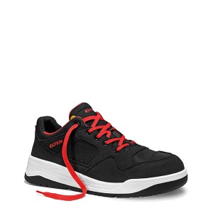 Elten Sicherheitshalbschuh Maverick Black Low ESD S3 Gr. 41, schwarzer Arbeitsschuh mit roten Schnürsenkeln.