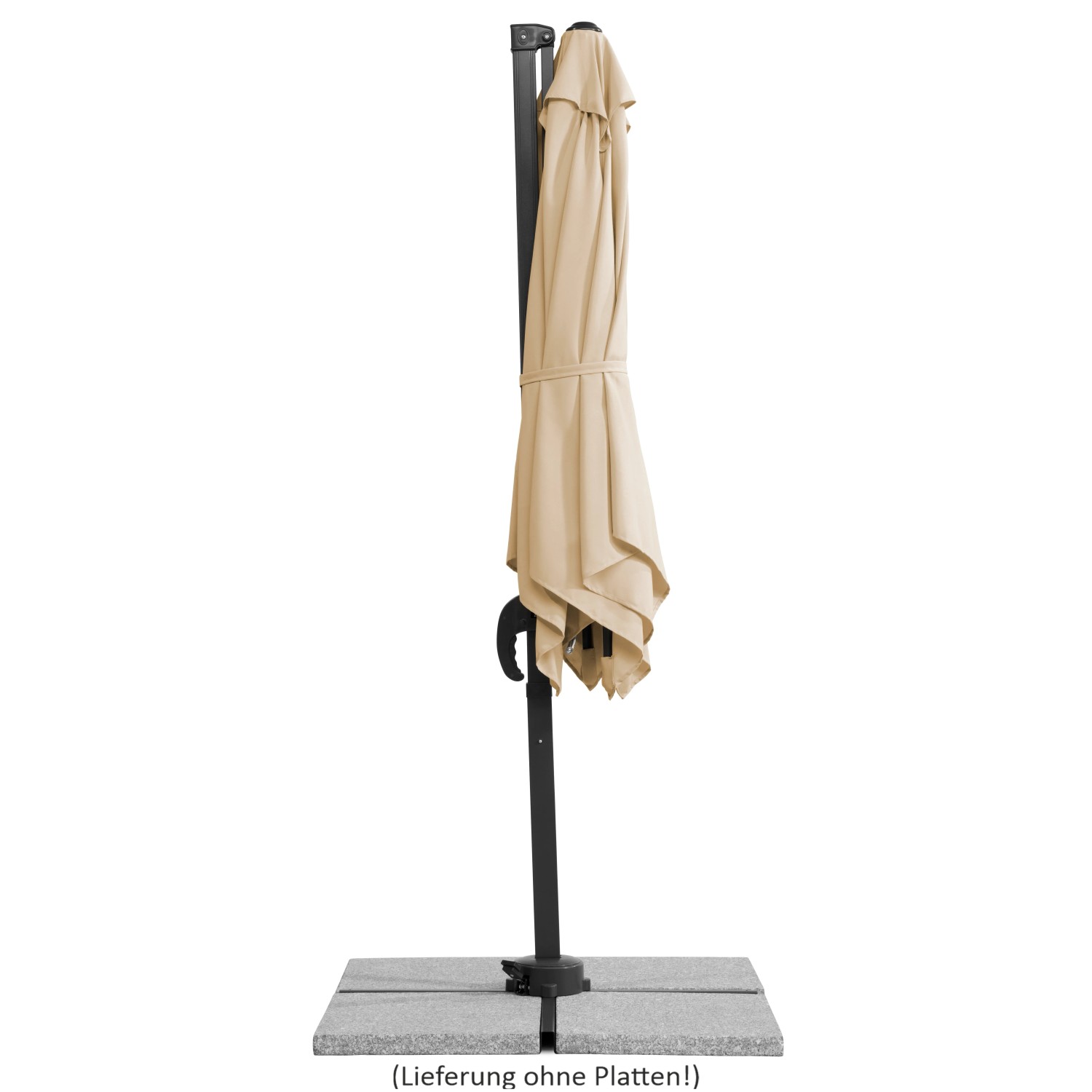 Zusammengebundener, naturfarbener Schneider Ampelschirm 300x230 cm mit Dreh- und Neigefunktion.