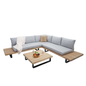 Helle Garten-Garnitur im 2er-Set mit hellgrauen Polstern und Akazienholz-Tisch. Lounge-Möbel für 5 Personen.