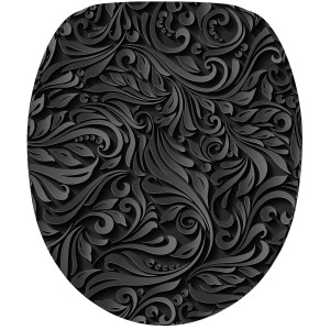 Sanilo WC-Sitz Floral mit Absenkautomatik, Holz, schwarzes florales Muster.
