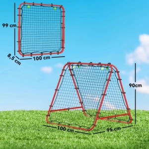 Roter HOMCOM Fußball Rebounder aus Stahl mit PE-Netz auf Gras. Tragbar, Maße 100x95x90 cm, gefaltet gezeigt.