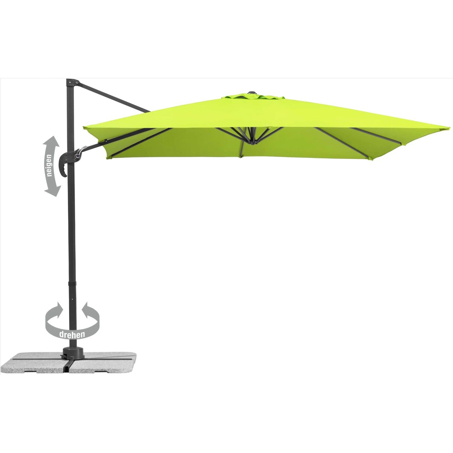 Apfelgrüner Schneider Ampelschirm Rhodos Junior, 270x270 cm, mit Kurbel und Plattenständer.