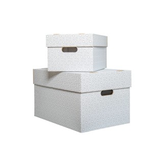 Zwei weiße PROREGAL Aufbewahrungsboxen aus Wellpappe mit Deckel und geometrischem Muster, stapelbar für Ordnung.