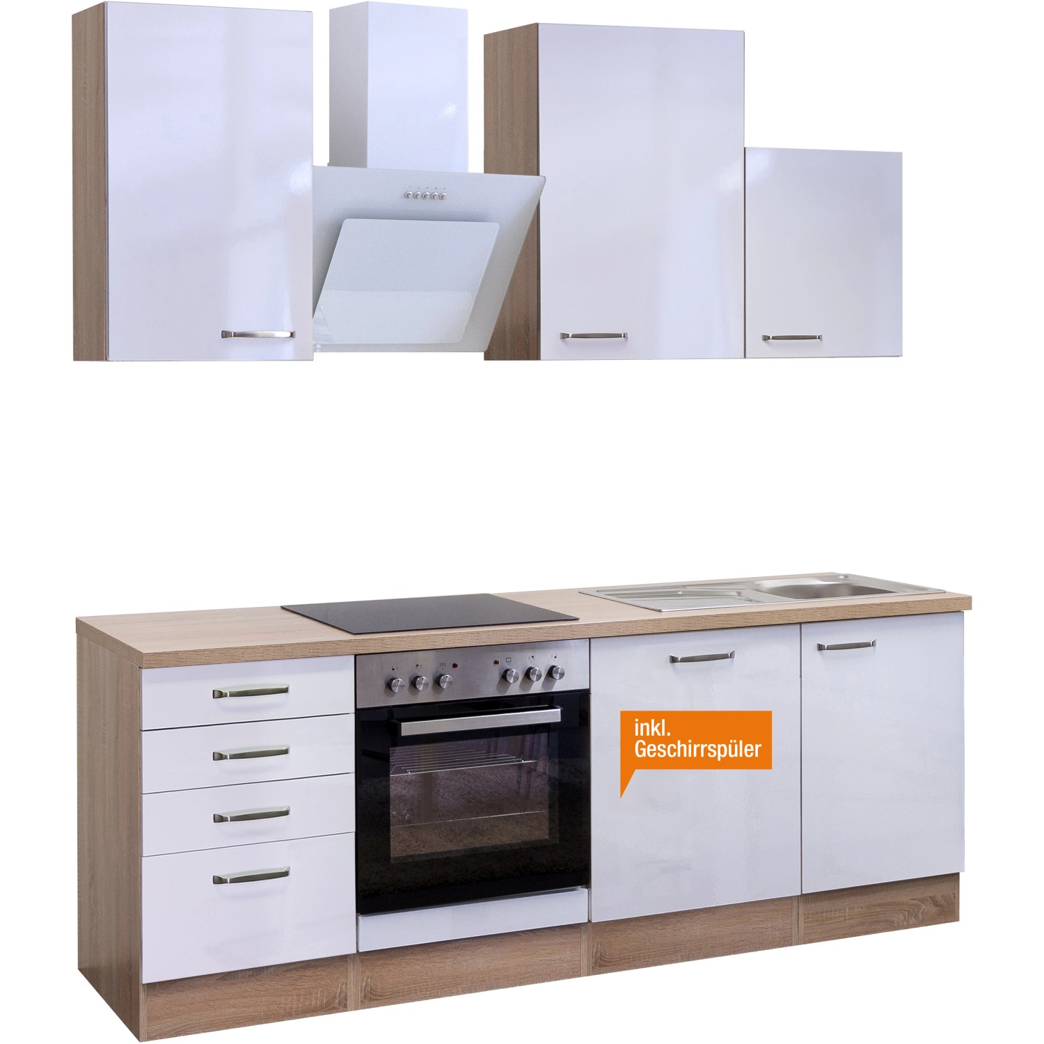 Küchenzeile Valero 220 cm in Weiß Hochglanz und Sonoma Eiche mit E-Geräten.