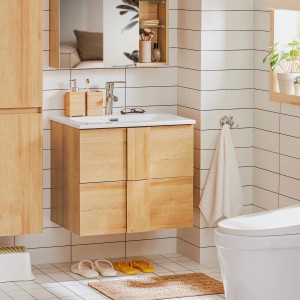 SoBuy Waschbeckenunterschrank BZR172-N mit Waschbecken und 2 Schubladen in Natur.