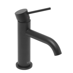 Moderne schwarze Waschtischarmatur aus mattem Edelstahl, Einhebelmischer mit rundem Design und flachem Griff, 16,5 cm hoch.