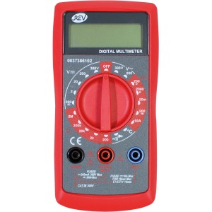 REV Ritter Digital-Vielfachmessgerät, rot-schwarz, zur Messung von Strom, Spannung und Temperatur.