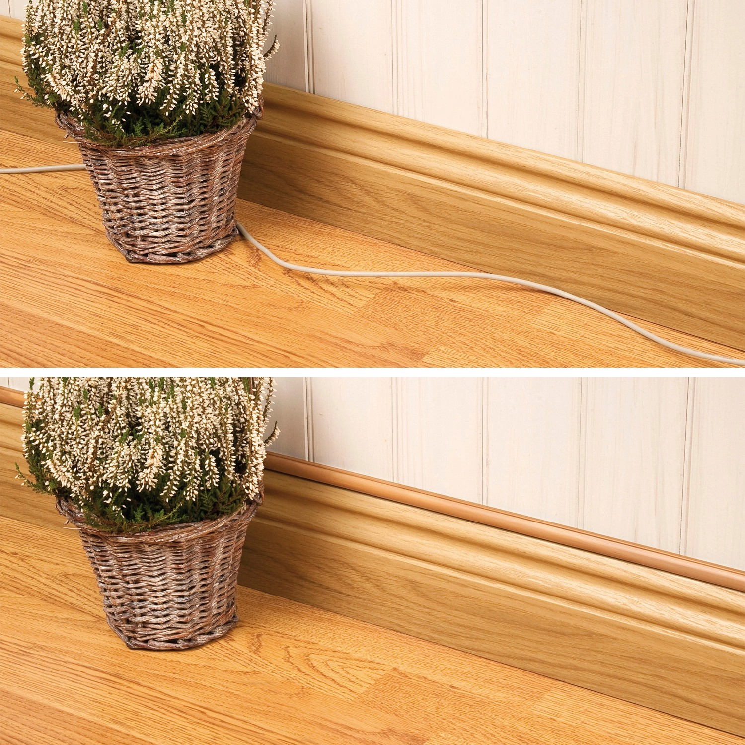 Vorher/Nachher: Kabel unter D-Line Kabelkanal in Holzoptik versteckt.