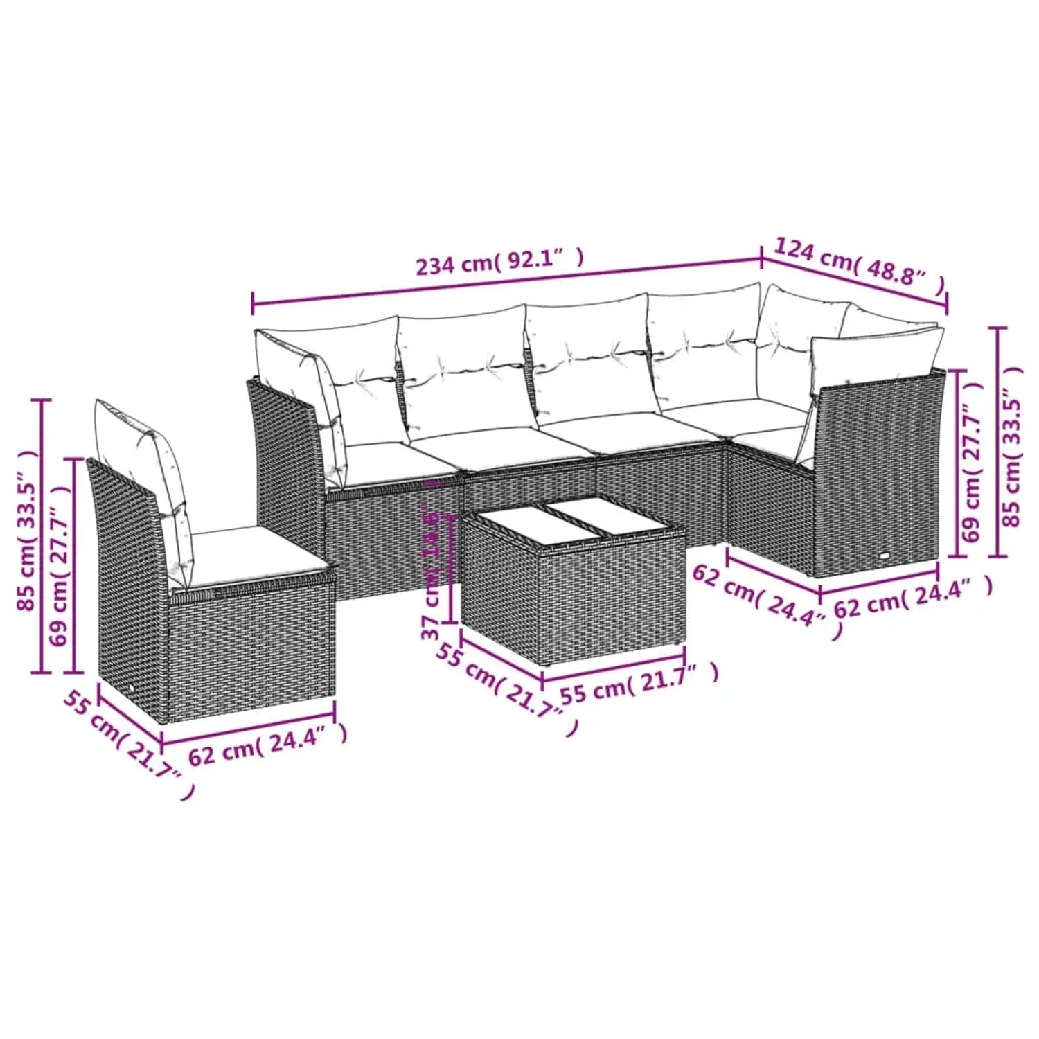 Beige 7-tlg. Garten-Sofagarnitur aus Polyrattan mit Kissen, Maße eingezeichnet. Ideal für Garten und Terrasse.