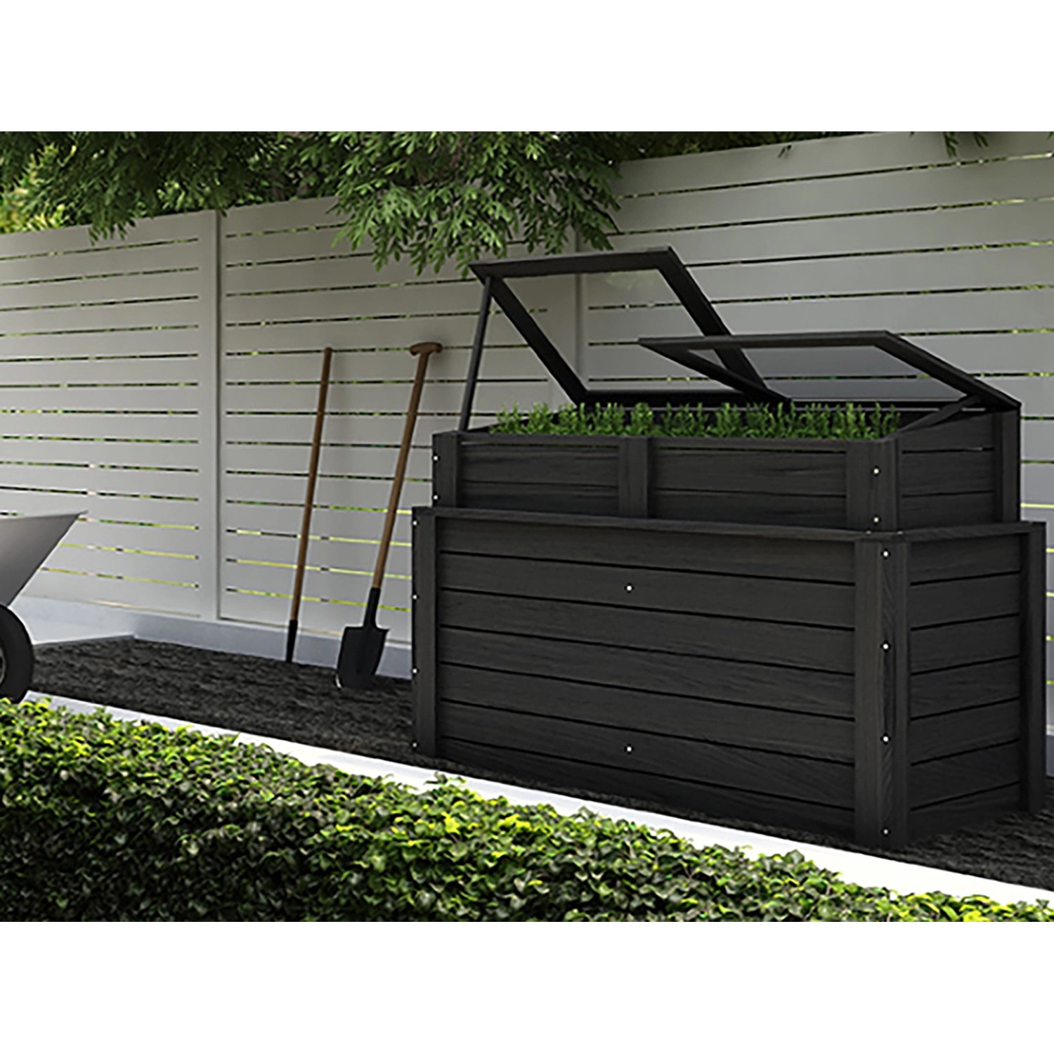 Anthrazitfarbener Frühbeet-Aufsatz (142x68 cm) für Hochbeete im Garten.