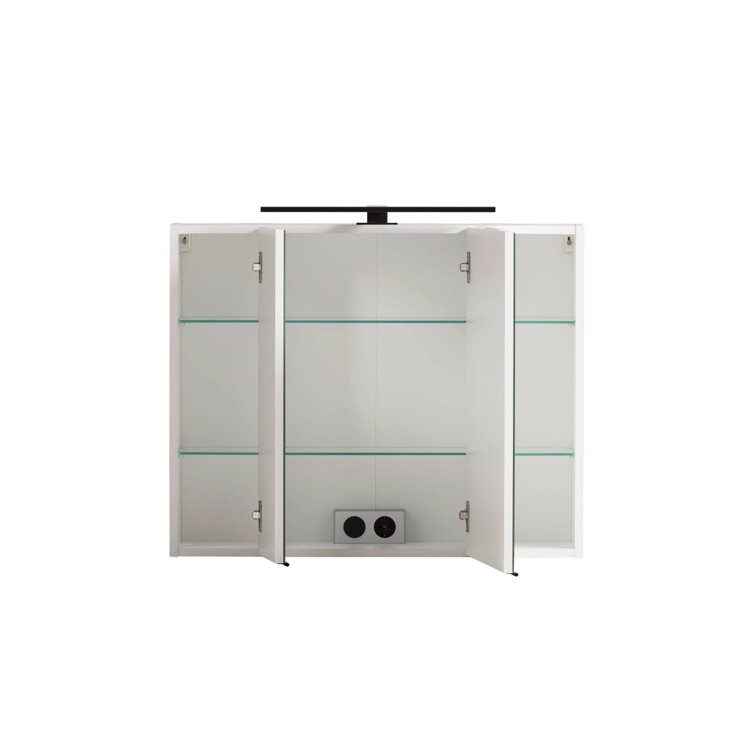 Offener, weißer Held Möbel 3D-Spiegelschrank Padua 80 cm mit Glasböden und Aufsatzleuchte.