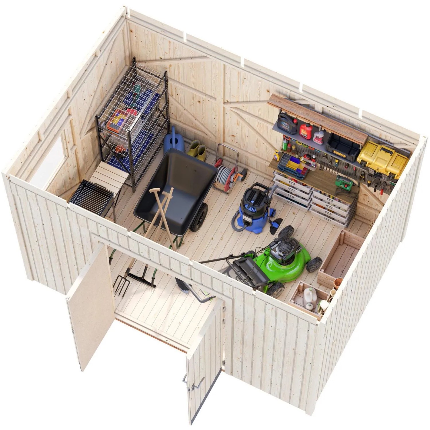Palmako Gerätehaus Stig 8,2 m² mit Gartengeräten und Werkzeugen, unbehandeltes Holz.
