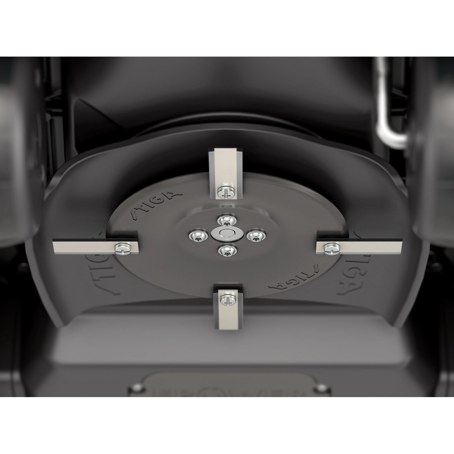 Messer des Stiga Mähroboter G 300, Nahaufnahme der 4 Schwenkklingen.