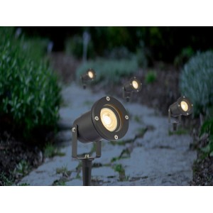 Schwarzer LED Gartenstrahler mit Erdspieß und warmweißem Licht (2700K) beleuchtet Gartenweg.