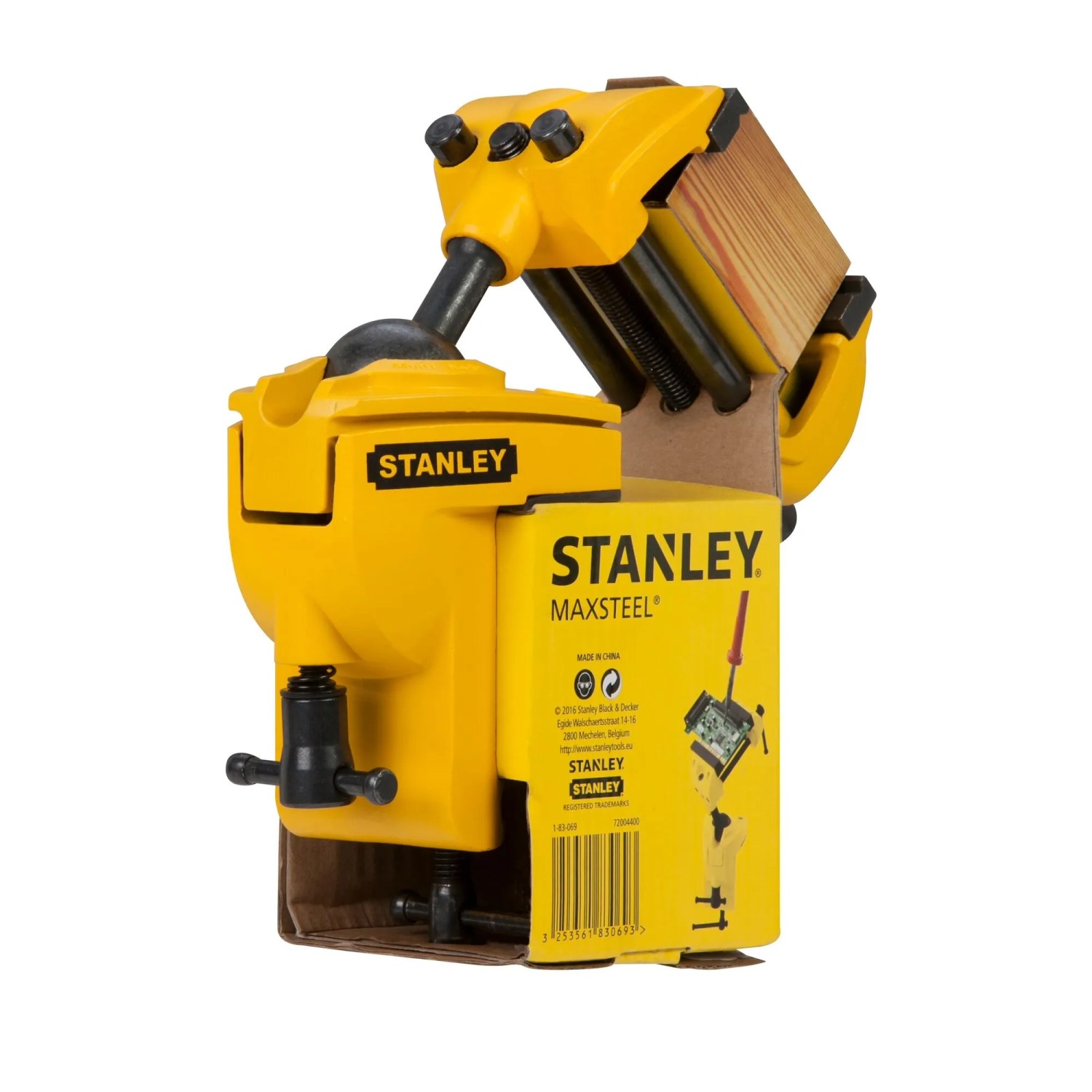 Gelber Stanley Multiachsen Schraubstock mit Werkstück, Spannwerkzeug für vielseitige Anwendungen.