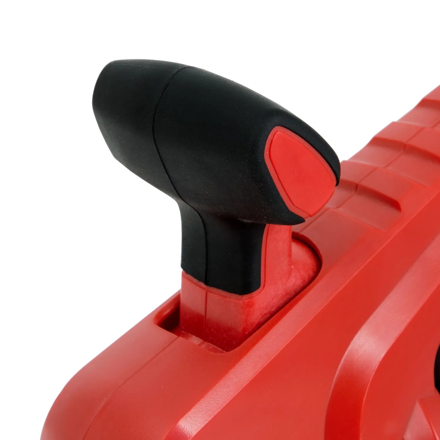Detailaufnahme des Griffs der EBERTH Akku-Rohrreinigungsmaschine. Rot und Schwarz.