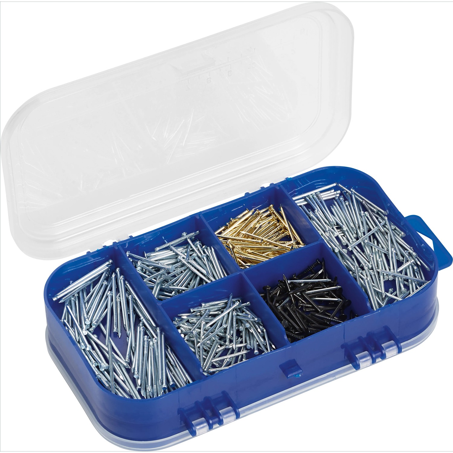 LUX Nagelsortiment 375g im blauen Sortimentskasten mit verschiedenen Nagelarten und -größen.