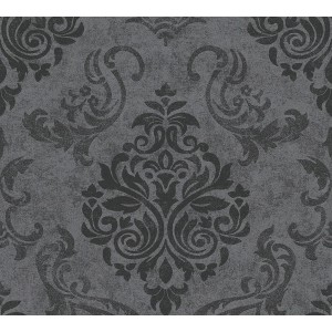 Anthrazit-graue Barock Tapete mit Metallic-Effekt und Ornament-Muster.