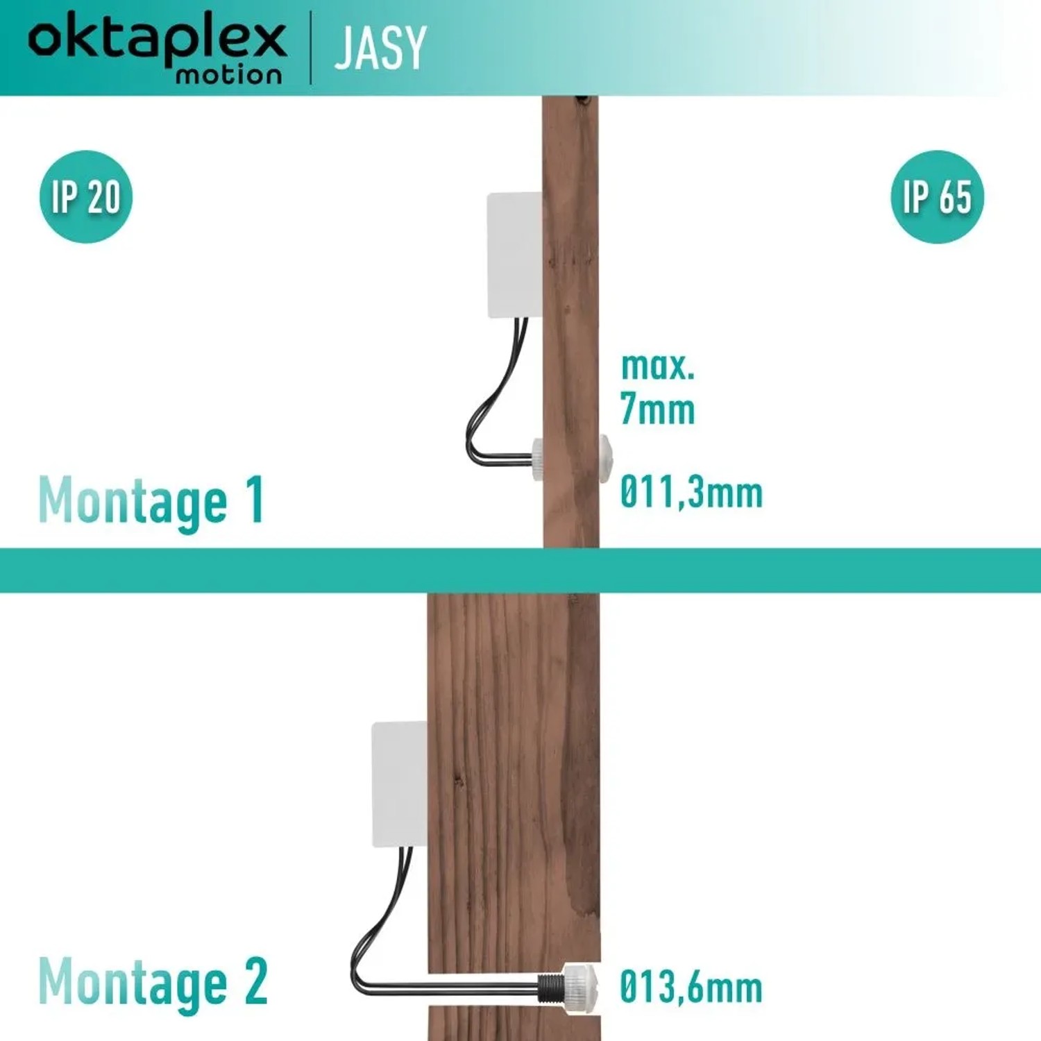 Oktaplex Jasy Dämmerungssensor, zwei Montagearten an Holzpfosten dargestellt.