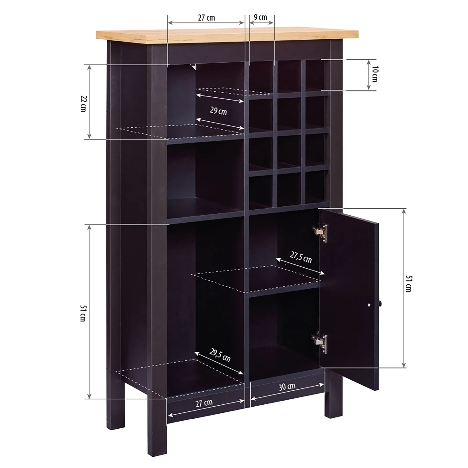 Schwarzer Weinschrank Helina mit Fächern und Tür, Maße eingezeichnet.