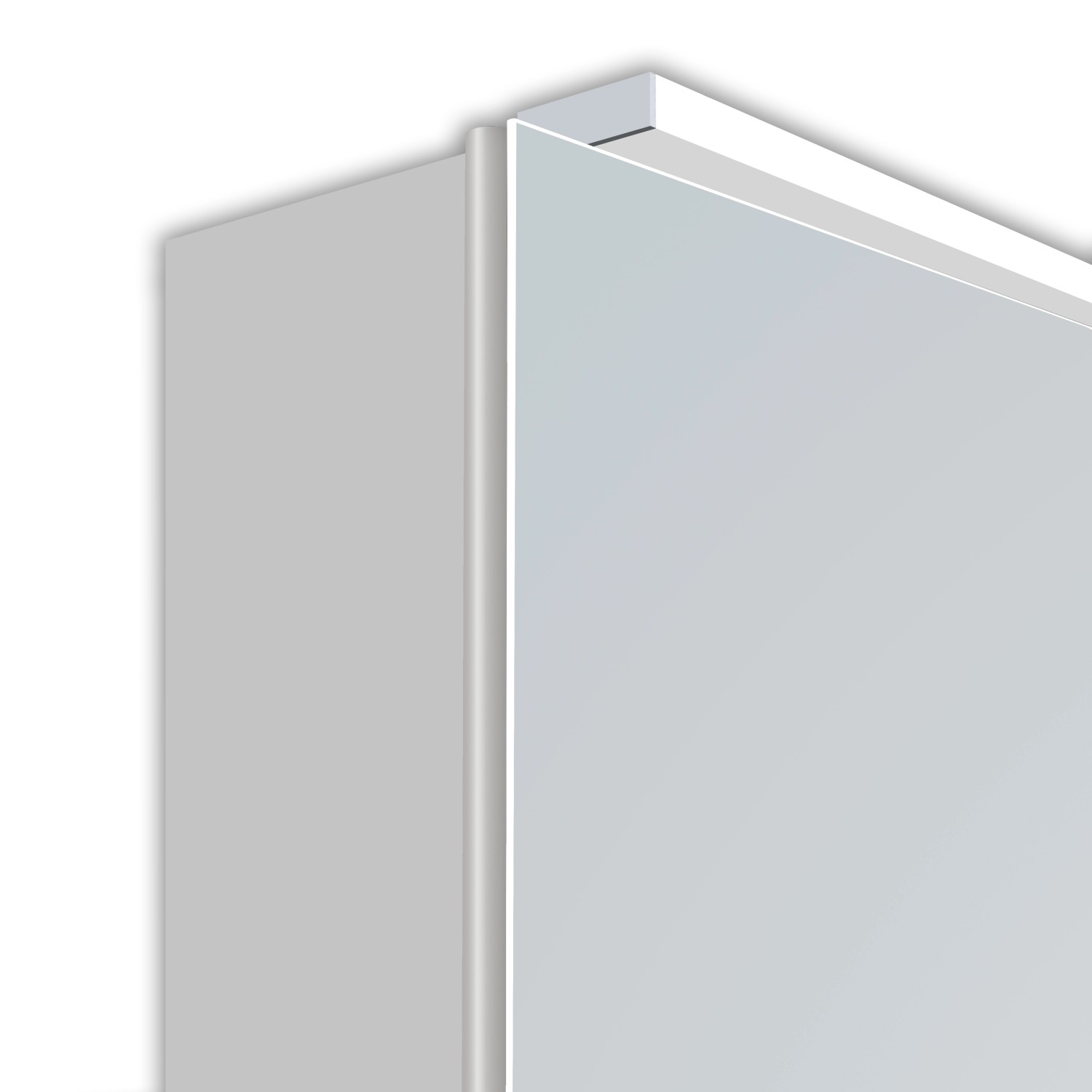 Detailaufnahme: DSK Spiegelschrank Aluminio Vegas, alufarben, mit Spiegelfront und Kranzbeleuchtung.