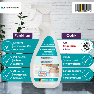 Hotrega Küchenfronten Reiniger Hochglanz 750 ml Spray. Entfernt Fett, Fingerabdrücke streifenfrei, pH-neutral, Anti-Fingerprint.