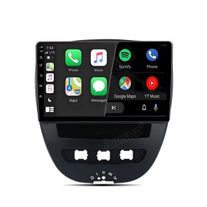 Junsun Autoradio für Peugeot 107 Citroen C1. Schwarzes Gerät mit 9-Zoll Touchscreen, zeigt CarPlay/Android Auto Apps. Navigation, Bluetooth.