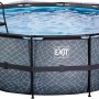 Grauer EXIT Stone Pool ø 427 cm mit Leiter, Abdeckung und Sandfilterpumpe.