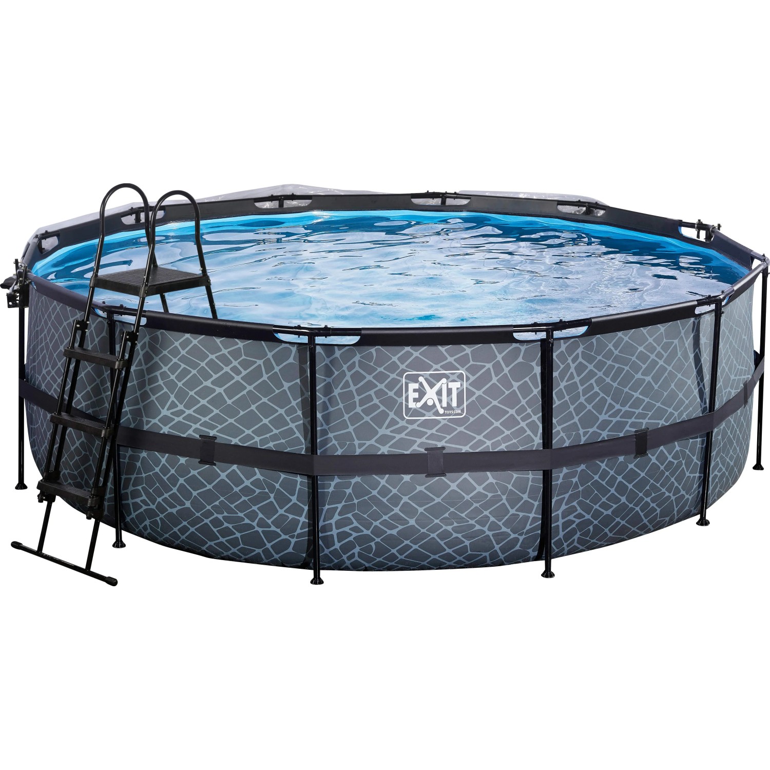 Grauer EXIT Stone Pool ø 427 cm mit Leiter, Abdeckung und Sandfilterpumpe.