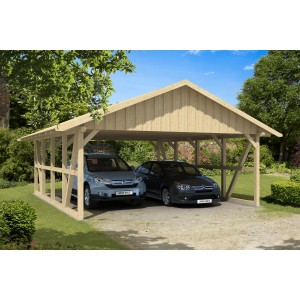 Skan Holz Carport Schwarzwald, naturbelassen, mit zwei geparkten Autos unter dem Satteldach.