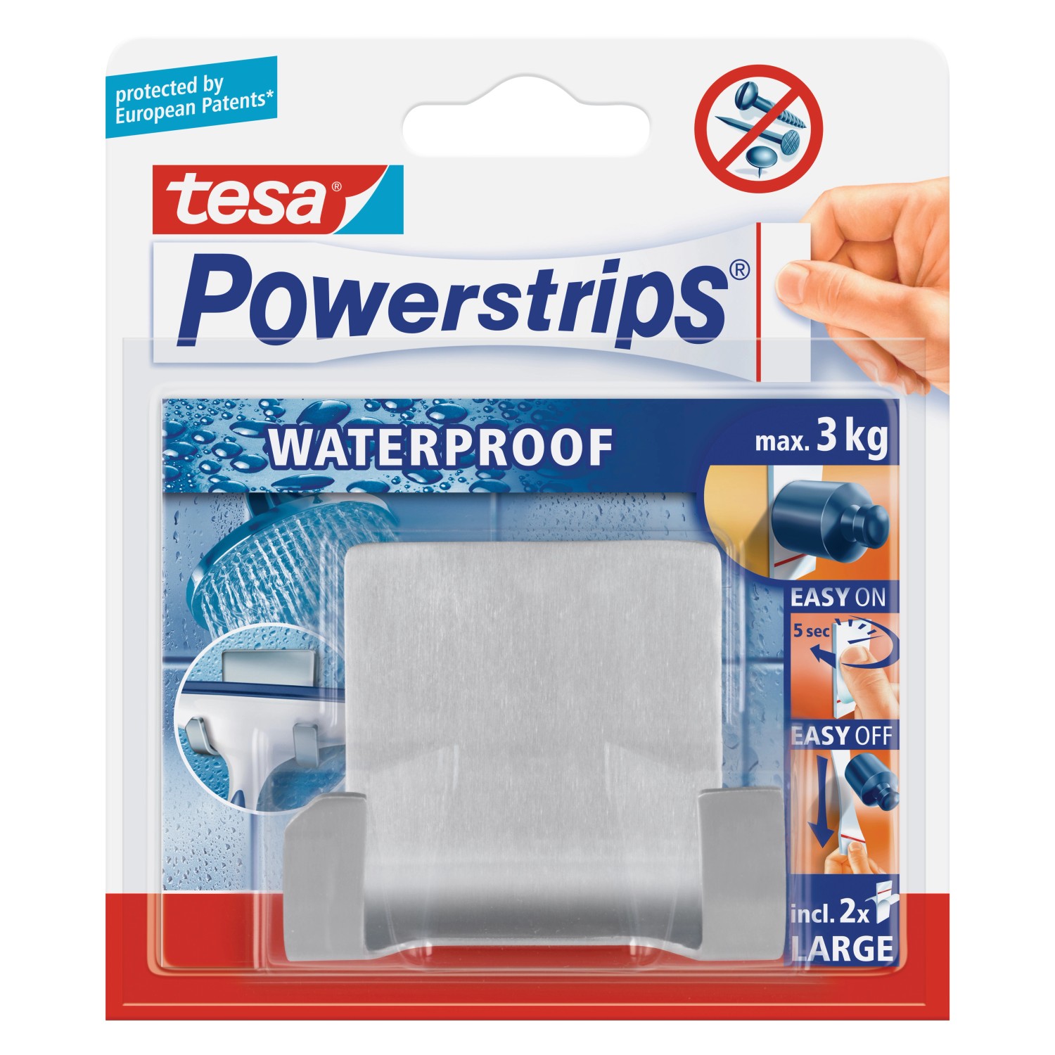 Tesa Waterproof Doppelhaken breit Edelstahl mit 2 x Powerstrips Large