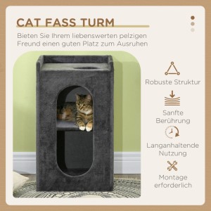 Grauer PawHut Katzenturm mit zwei Höhlen und Kratzbrett, Katze liegt in der Höhle.