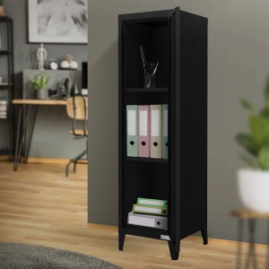 Schwarzer ML-Design Aktenschrank aus Stahl, hoch, mit offenen Fächern und Aktenordnern.